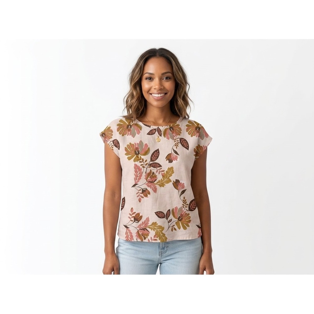 Rachel Zoe Women XS Pink Floral 100% Linen Cap Sleeve Button Back Blouse Top